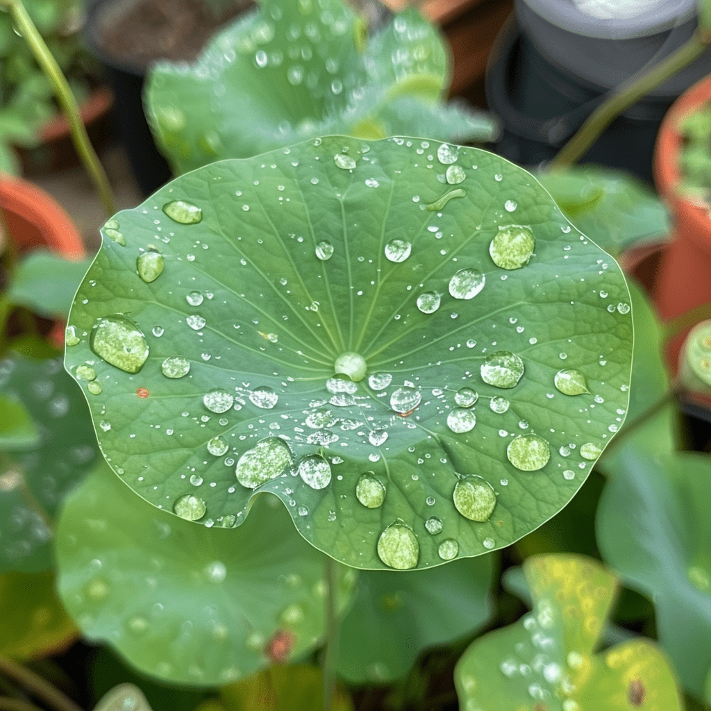 Obrázek ranní rosy na lotosovém listu